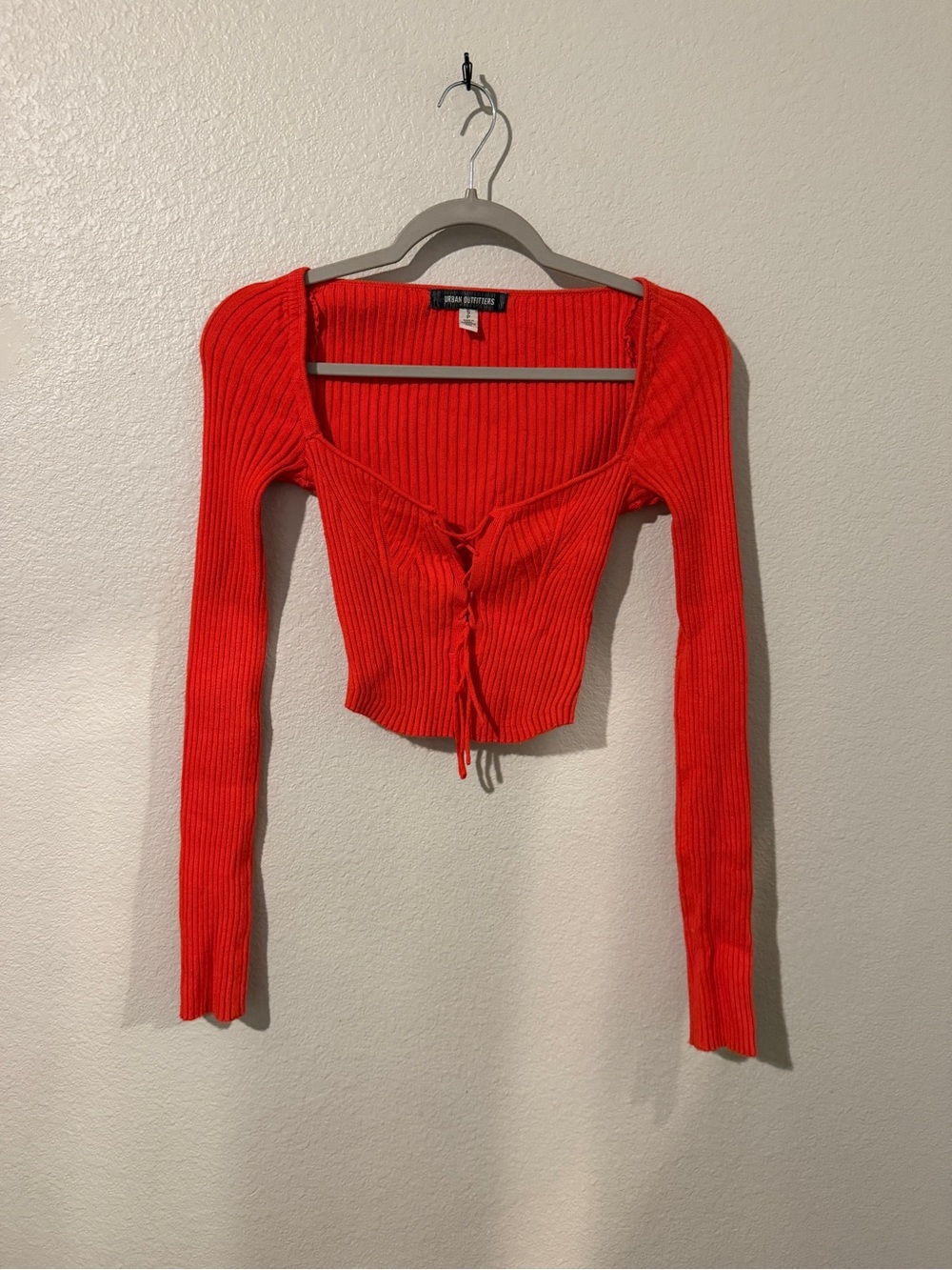 Urban Outfitters Red Cropped Ribbed Tie-Front Long Sleeve Top
